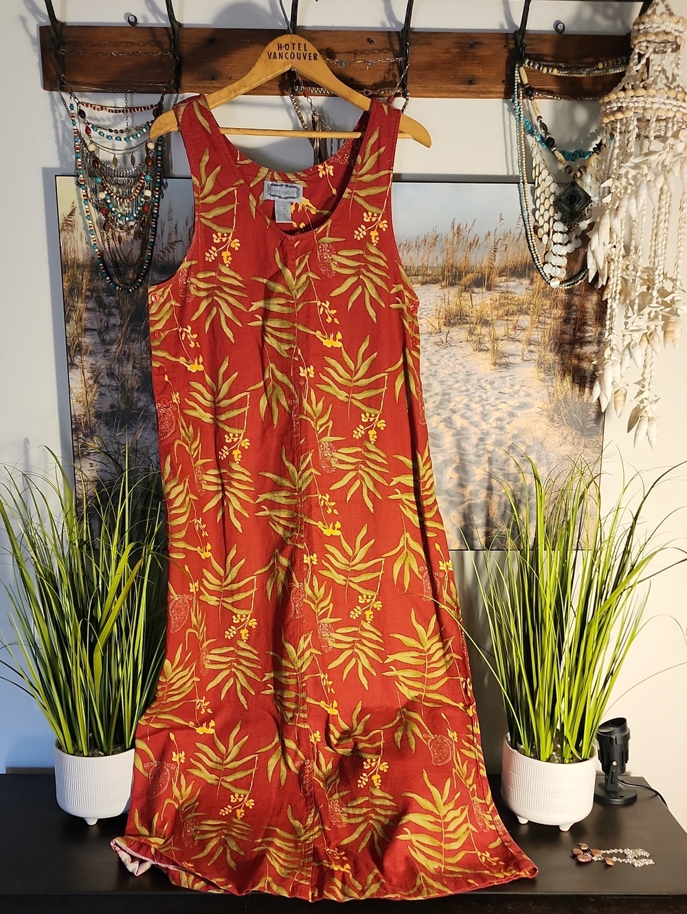 Jane Ashley Rust Red Maxi Dress with Yellow-Green Botanical Print